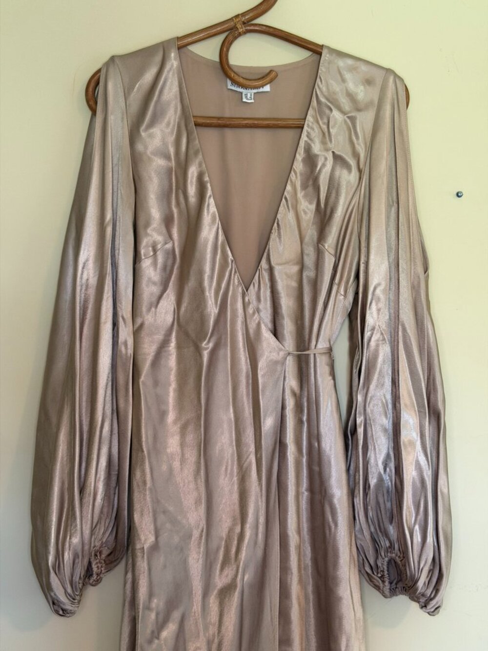 Shona Joy La Lune Gold Satin Wrap Maxi Dress Balloon Sleeve Size 10 US